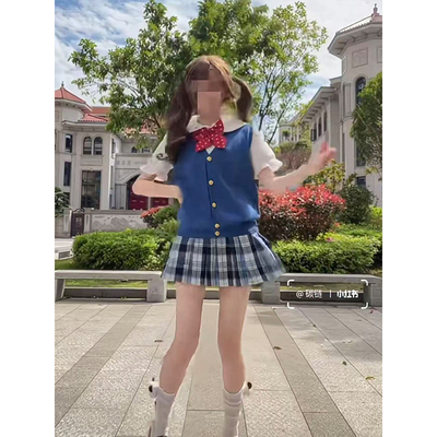 新款原创制服宝蓝色开衫马甲叠穿设计感花边领衬衫百搭蓝格子短裙