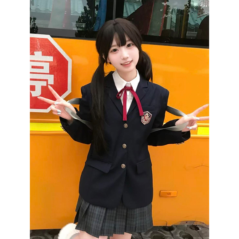 学院风JK白基础长袖衬衫外搭三粒扣西服学生制服校供海苔短裙格裙