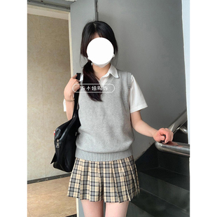 学院风JK制服针织衫 无袖 马甲背心校供感夏季 纯色套头毛衣格裙套装