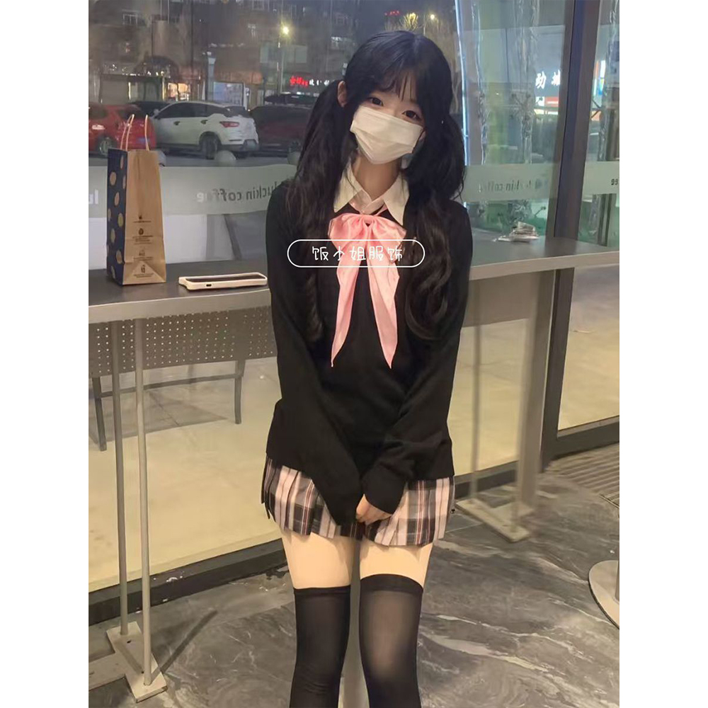 JK原创减龄套头毛衣秋冬制服通勤针织长袖黑色jk上衣学院格裙套装