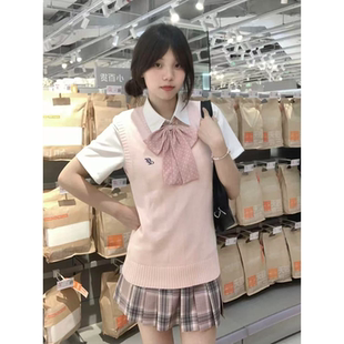 日系JK制服针织V领刺绣背心马甲学院风叠穿甜美JK套装 白桃香短裙