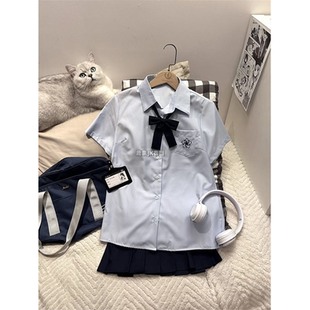 刺绣衬衫 基础款 原创日系夏季 短袖 百搭学院衬衫 蓝色JK制服格裙套装