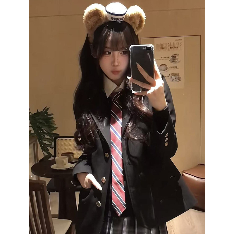 JK制服高校学姐西装单排西服外套女秋冬款毛衣jk针织开衫格裙套装