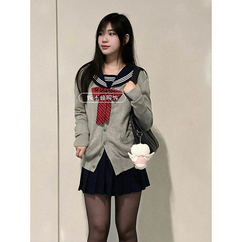 正版秋冬JK原创三本学院制服针织开衫长袖毛衣外套水手服短裙套装