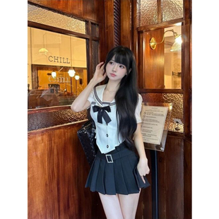 甜辣时尚设计感甜美洋气水手服蝴蝶结学院套装钻百褶裙夏2025新款