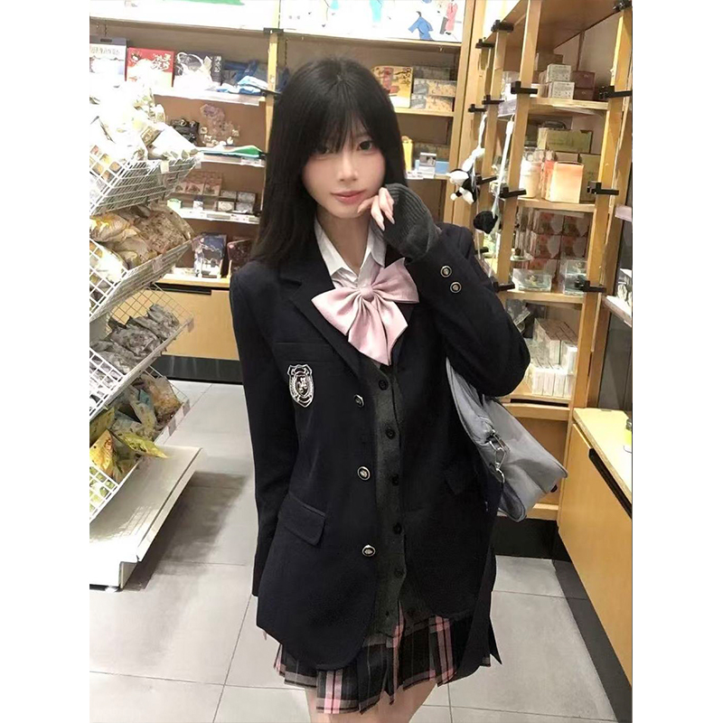 校供感JK制服黑色西装气质外套叠穿深灰色针织开衫基础款秋冬一套