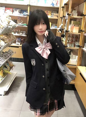校供感JK制服黑色西装气质外套叠穿深灰色针织开衫基础款秋冬一套