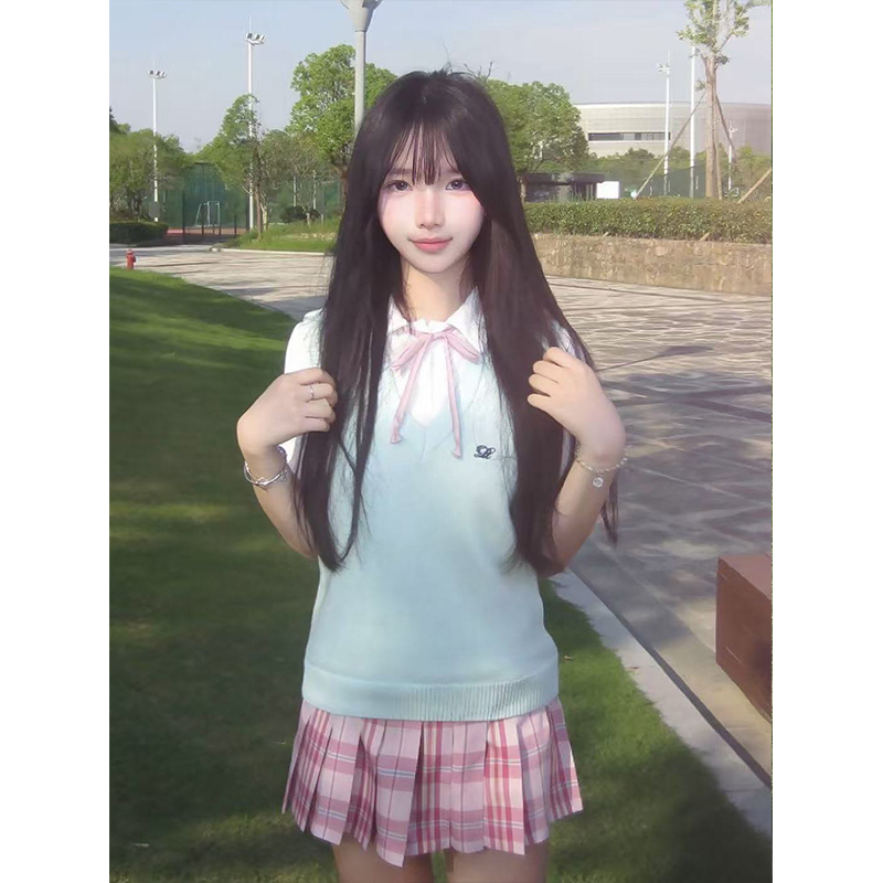 JK制服原创套装V领针织衫背心马甲叠穿短袖上衣校供感百搭糖果裙