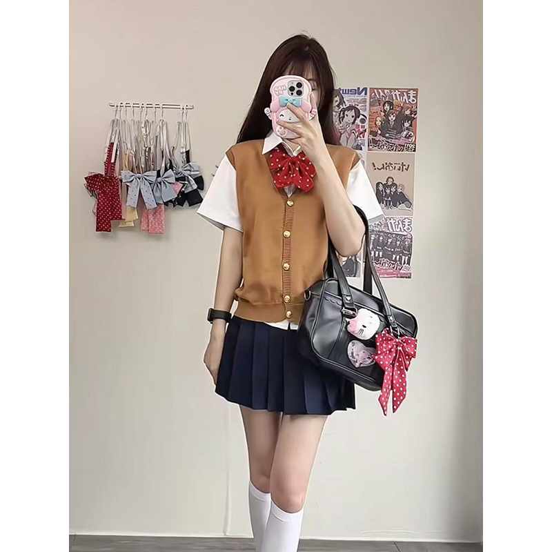 JK制服原创棕色开衫针织马甲背心叠穿白衬衫日系学院风绀JK裙套装