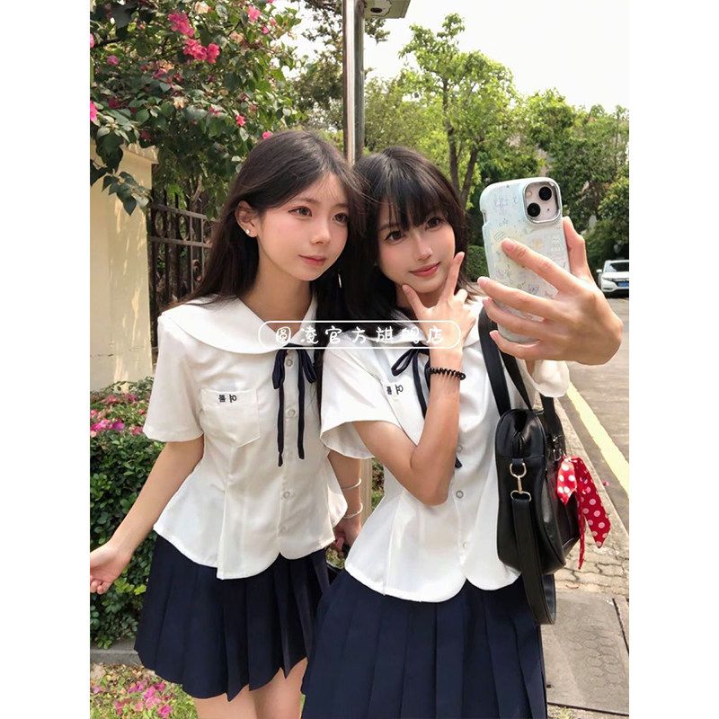 2026夏季新款JK制服显瘦娃娃领短袖白色衬衫小众刺绣上衣百搭JK裙