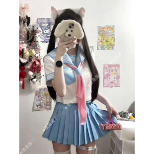 原创学院风穿搭黄色浅蓝三本多巴胺水手服JK制服JK短裙夏季一整套