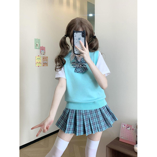 原创JK制服绿色背心针织衫马甲叠穿短袖衬衫搭百搭蓝灰裙套装