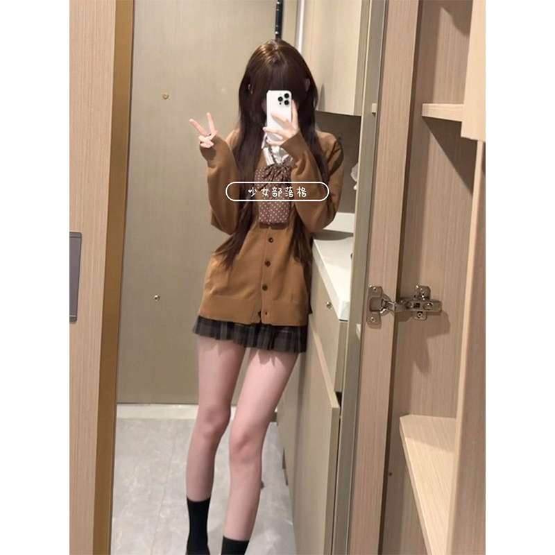 学院校供感棕色针织衫开衫外套叠穿基础款衬衫百搭小棕格裙一整套,女装/女士精品,时尚套装,淘宝优惠券,粉丝福利购,淘宝优惠卷