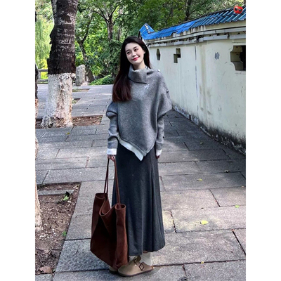 不规则灰色刺绣高领毛衣宽松斗篷外套女秋冬慵懒高级感针织衫上衣