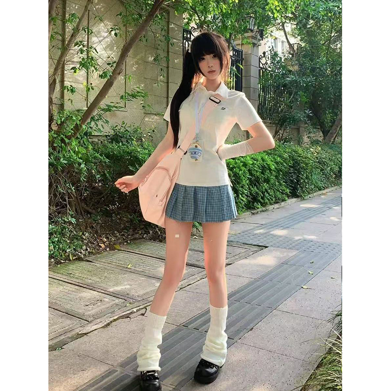 JK制服简约套装白色polo衫短袖2025夏季新品学院风百搭松蓝裙套装