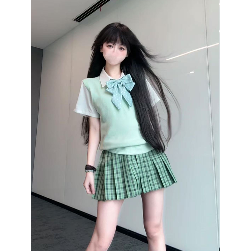 原创JK制服套装百搭新款小青梅裙小清新JK学院风背心马甲叠穿衬衫