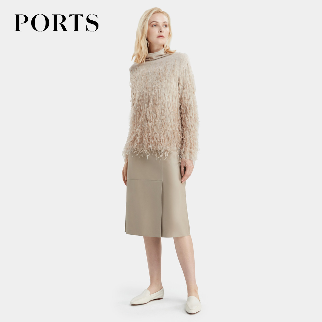 PORTS宝姿女装秋季时尚手工钉珠羽毛羊绒针织上衣LD9K428GKH002