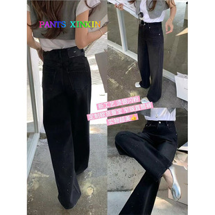 2026年春季新品高腰显瘦碳黑百搭弹力闪粉牛仔直筒长裤女Q2497337