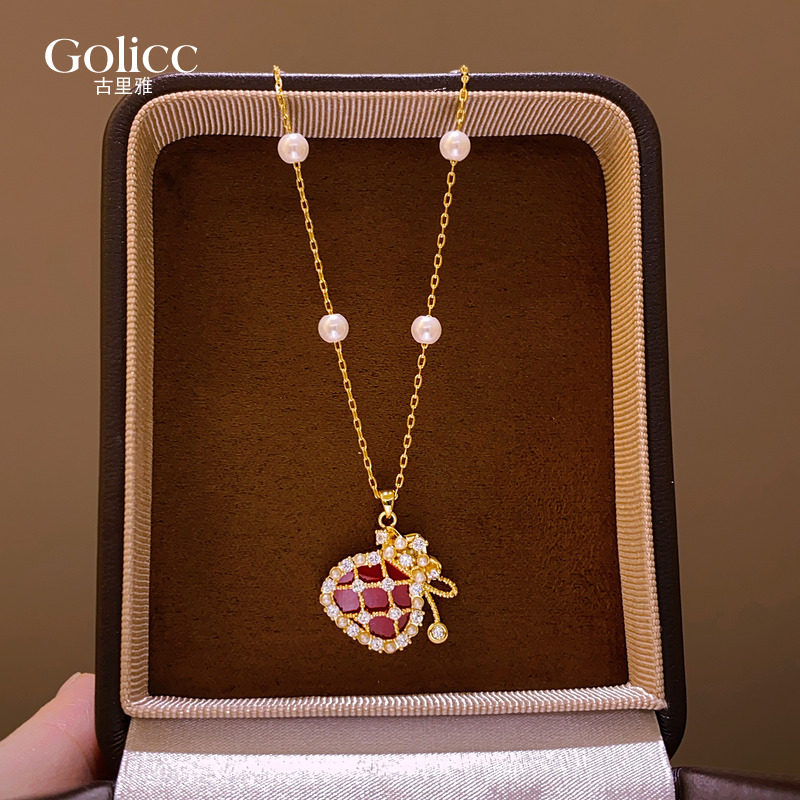 红色微镶福袋吊坠珍珠串珠项链