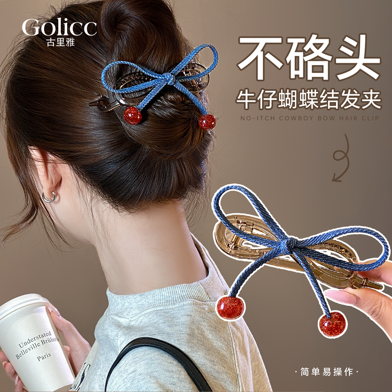 蓝色牛仔蝴蝶结发夹头发夹子发饰