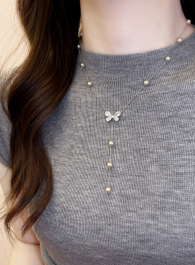 银色满钻蝴蝶珍珠吊坠项链高级感