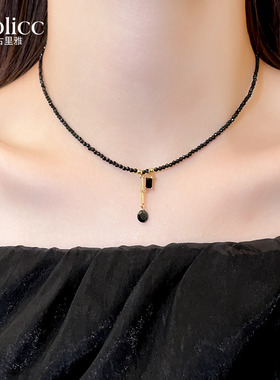 古里雅黑色水晶串珠几何流苏吊坠项链女独特2026新款轻奢小众颈链