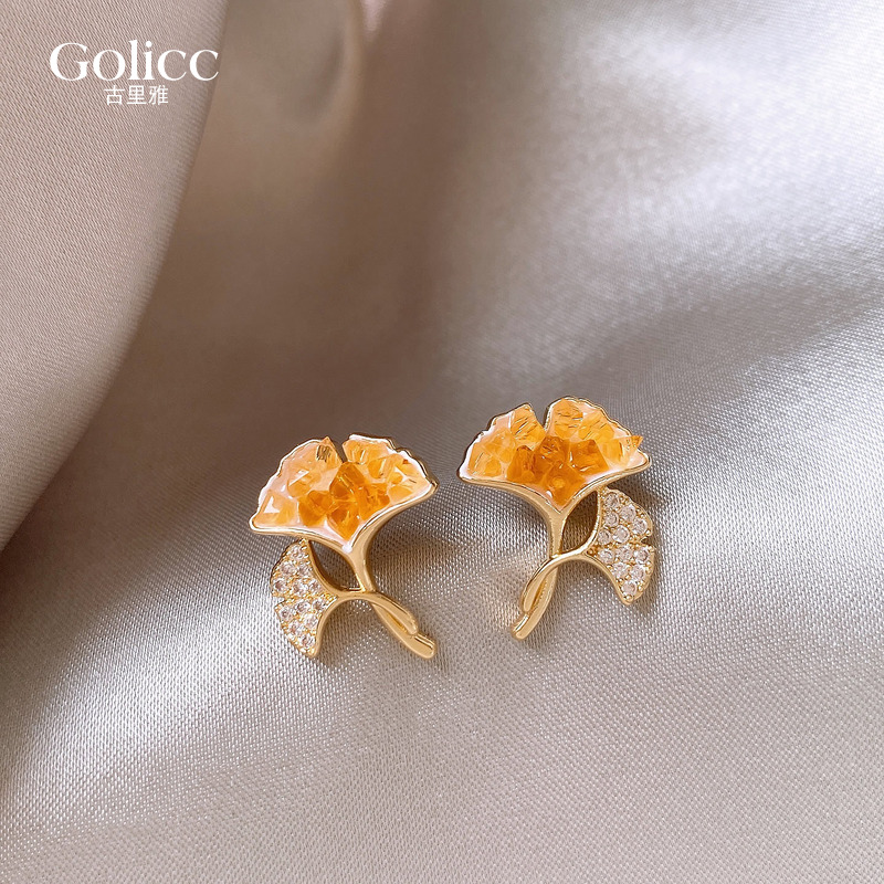 金色锆石银杏叶耳钉高级感耳饰