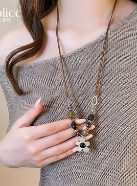 银色花朵吊坠串珠长款毛衣项链