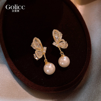 金色蝴蝶锆石珍珠耳坠高级感耳钉