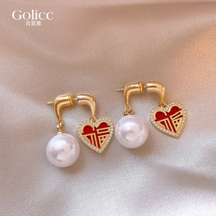 红色福字爱心前后珍珠耳环女轻奢高级感耳钉适合冬天的耳饰品气质