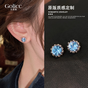 养耳洞宝蓝色锆石耳钉女2026新款爆款高级感耳环精致小巧耳饰春夏