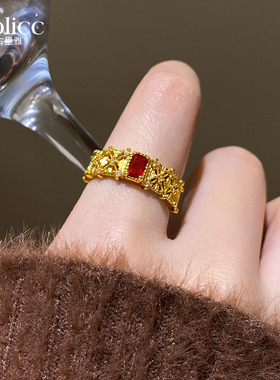 中古沙金几何方形锆石花丝戒指