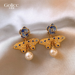 金色蝴蝶微镶花朵珍珠耳坠耳钉女小众设计感耳饰2026新款爆款耳环