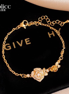 金色满钻双生玫瑰花朵手链轻奢