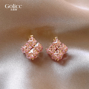 爆款 粉色锆石耳环女轻奢高级感气质大气耳钉耳扣2025新款 独特耳饰