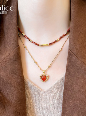 双层叠戴红色爱心吊坠串珠项链