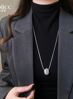 银色几何圆形吊坠长项链大气高档