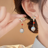 爆款 新中式 折扇珍珠耳环女天然石耳坠2026新款 耳钉高级感小众耳饰