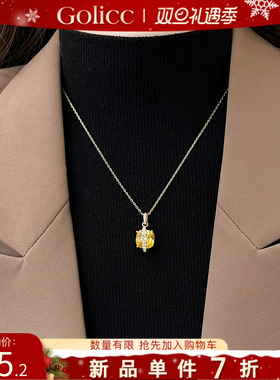 黄色单颗方糖锆石吊坠项链高级感