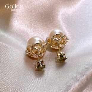 咖啡金色前后两戴珍珠锆石耳环女高级感耳钉超好看独特漂亮耳饰品