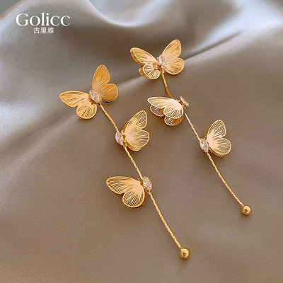 金色蝴蝶锆石流苏耳环设计感小众