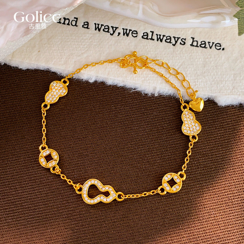 金色镂空微镶葫芦钱币手链小众