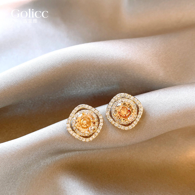 几何圆形满钻黄水晶耳钉高级感