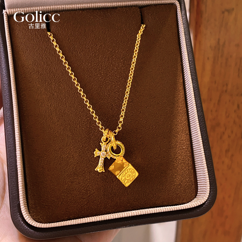 沙金几何方块吊坠十字架项链轻奢