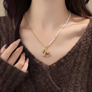 彩色小马吊坠珍珠项链女2026新款马年配饰品毛衣链大气高档高级感