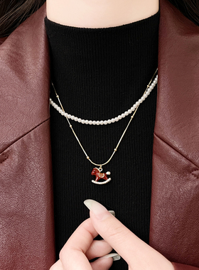 双层叠戴珍珠串珠红色小马项链