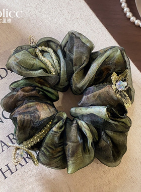 绿色晕染网纱蝴蝶水钻褶皱大肠发圈女高级感2026新款巨好看的发饰