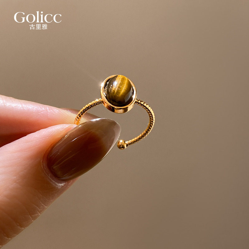 金色扭纹虎眼石开口戒指高级感