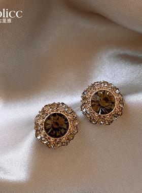 枪灰色镶钻水晶锆石耳钉女新款2026爆款耳环美拉德复古耳饰巨好看