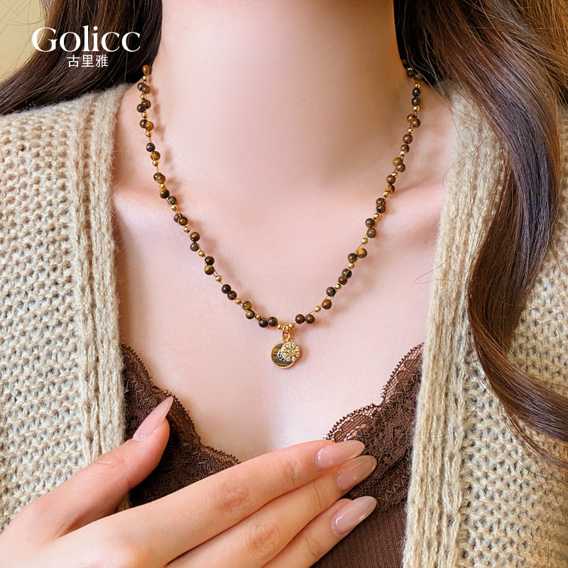 美拉德虎眼石串珠八芒星圆盘项链